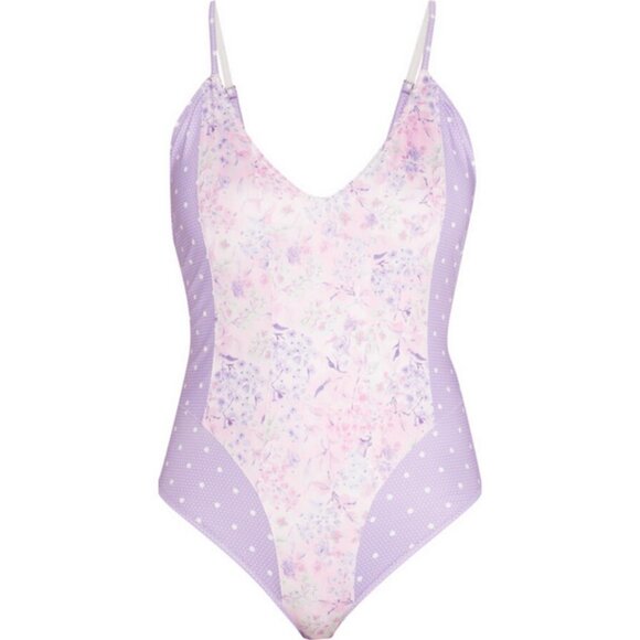 💕LOVESHACKFANCY💕 Shailee One-Piece Swimsuit ~ Purple Pansy Print Large L NWOT - Picture 7 of 14
